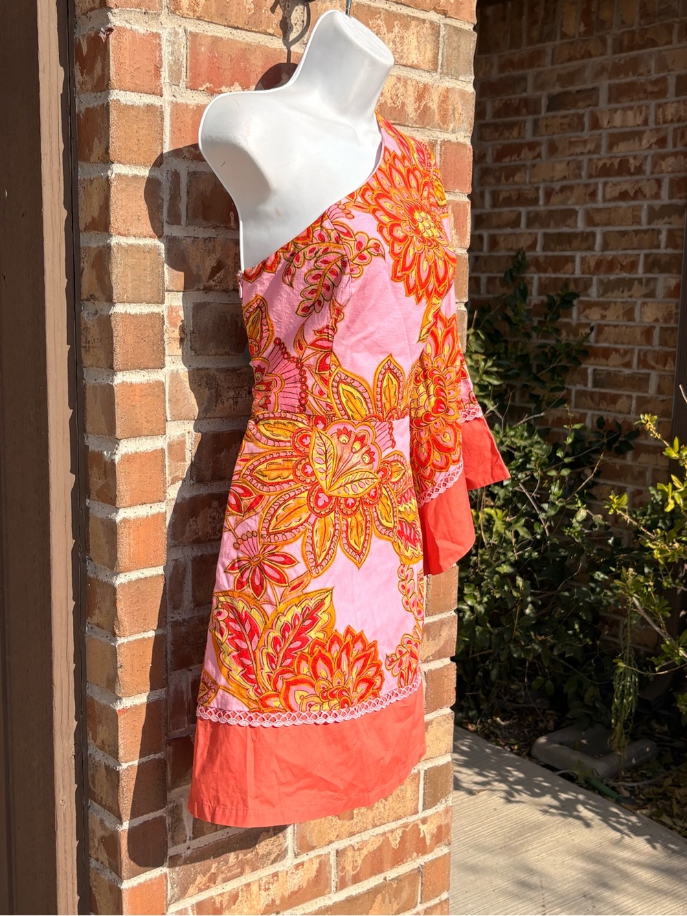 Adrianna Papell Pink One-Shoulder Floral Mini Dress with Coral Trim size 8 - Picture 5 of 11